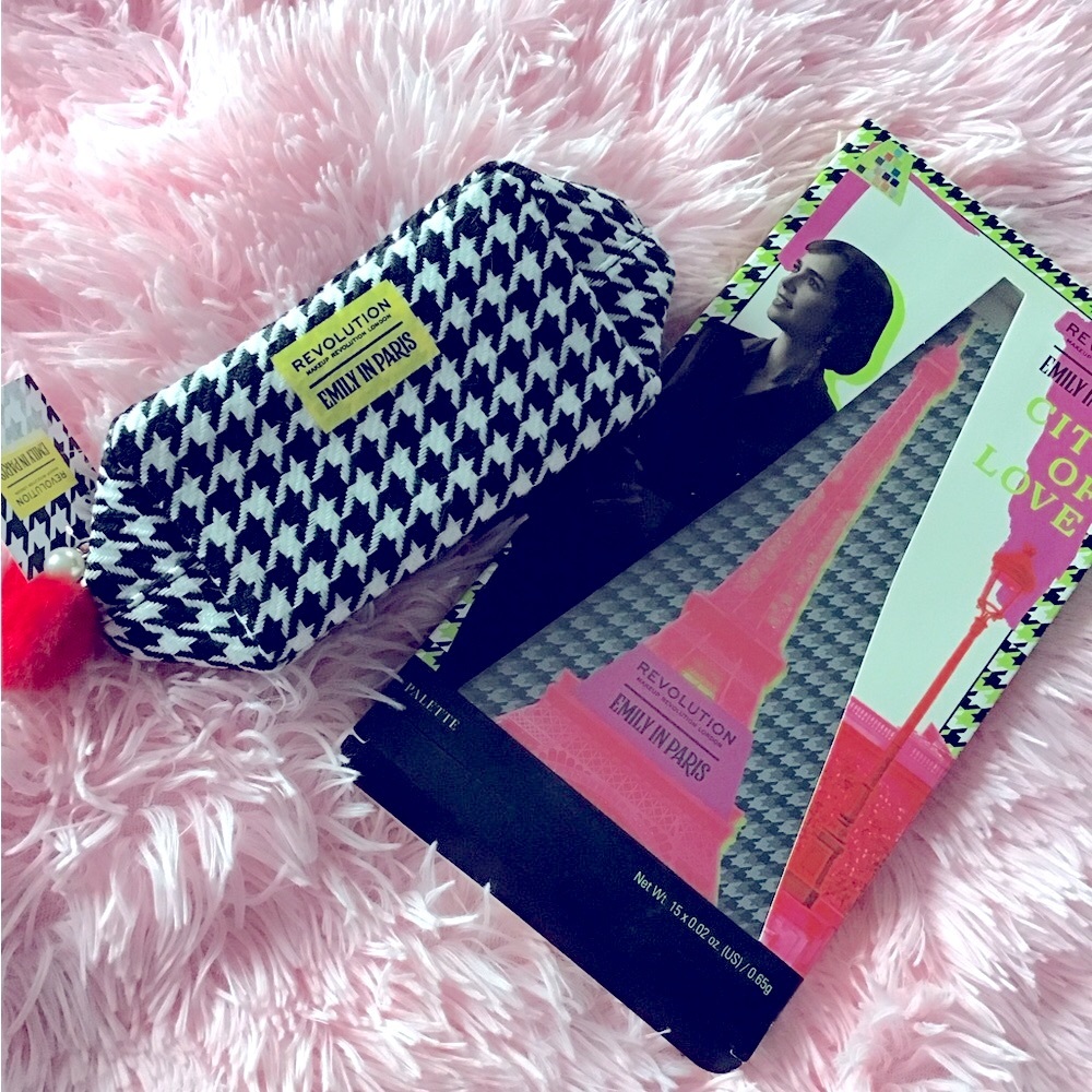New Emily In Paris Eyeshadow Palette+ Makeup Bag Set with charms hearted pom pom